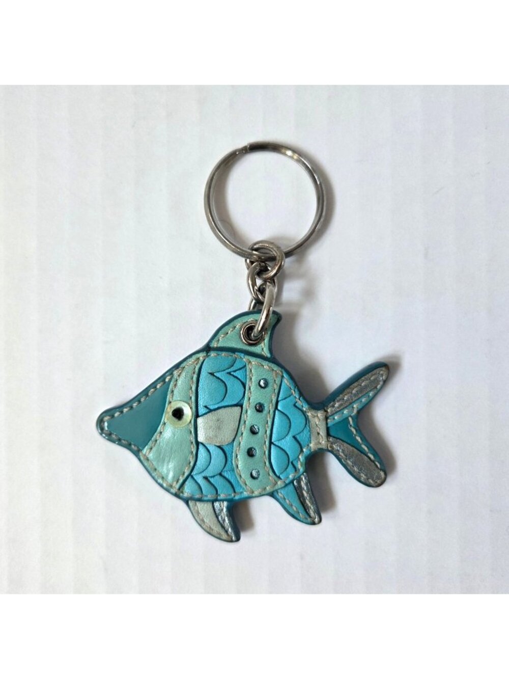 Vintage Coach Tropical Fish Multi Blue Leather Keychain Key Fob Ring Charm Beach